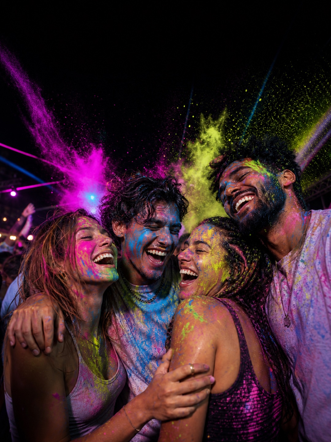 Amigos cubiertos de colores Holi, abrazados y riendo