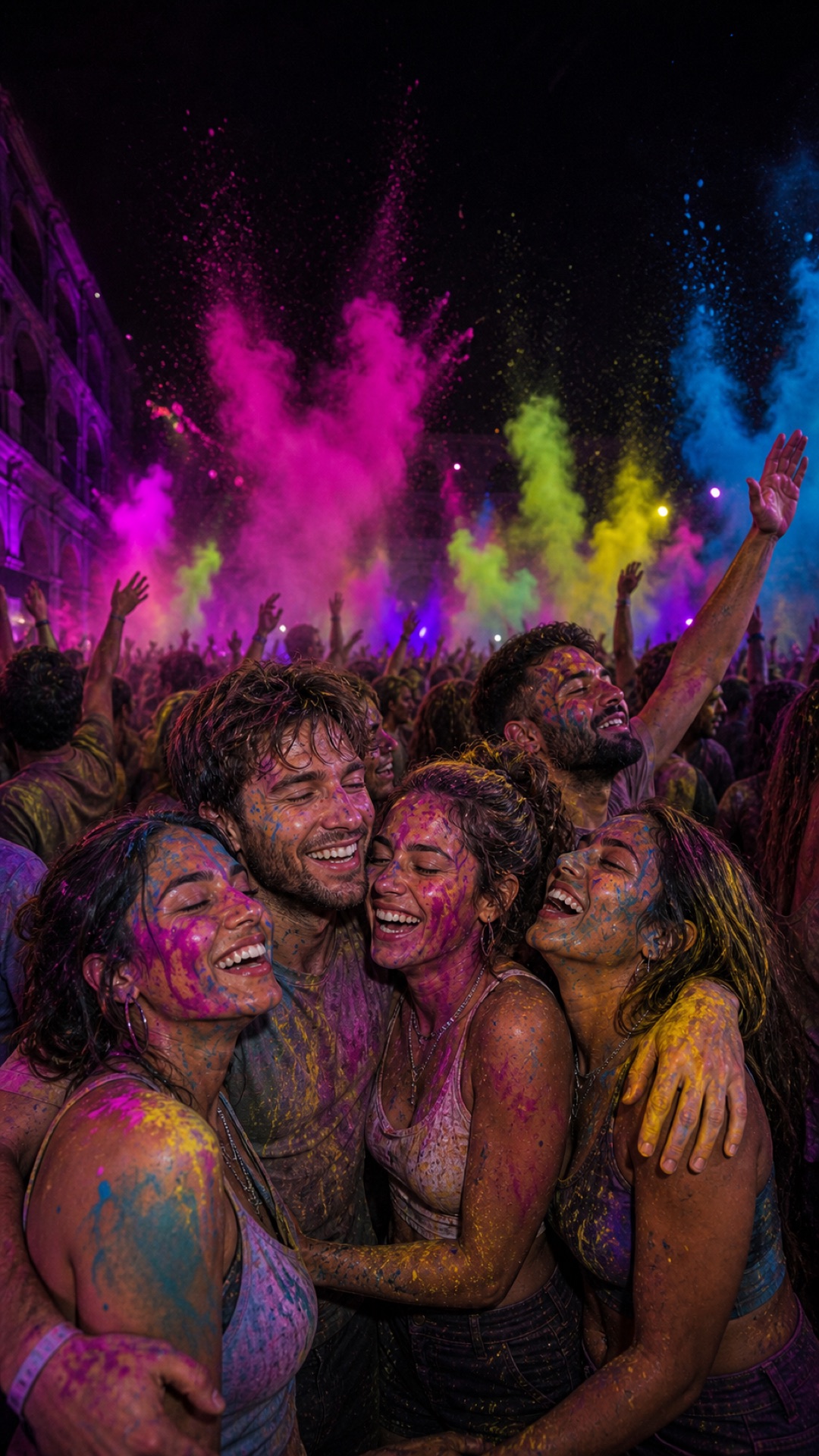 Celebración colectiva con una explosión de polvos Holi