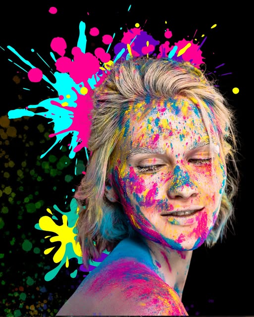 Retrato del archivo de Holi Rave: rostro cubierto de colores fluorescentes