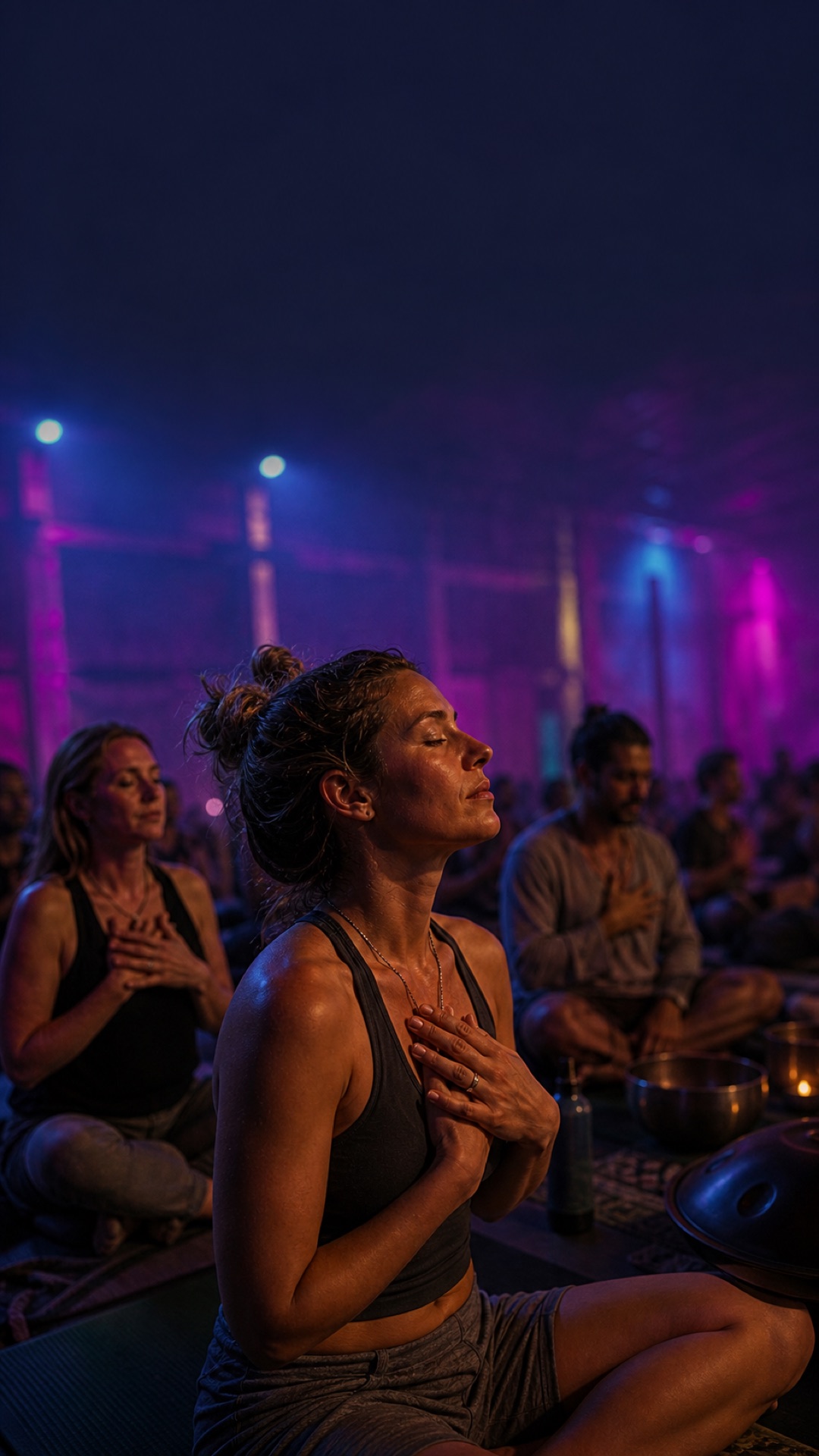 Meditación colectiva rodeada de luces de colores