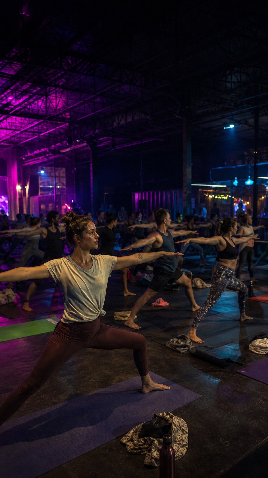 Práctica de yoga en la atmósfera de colores de Holi Rave